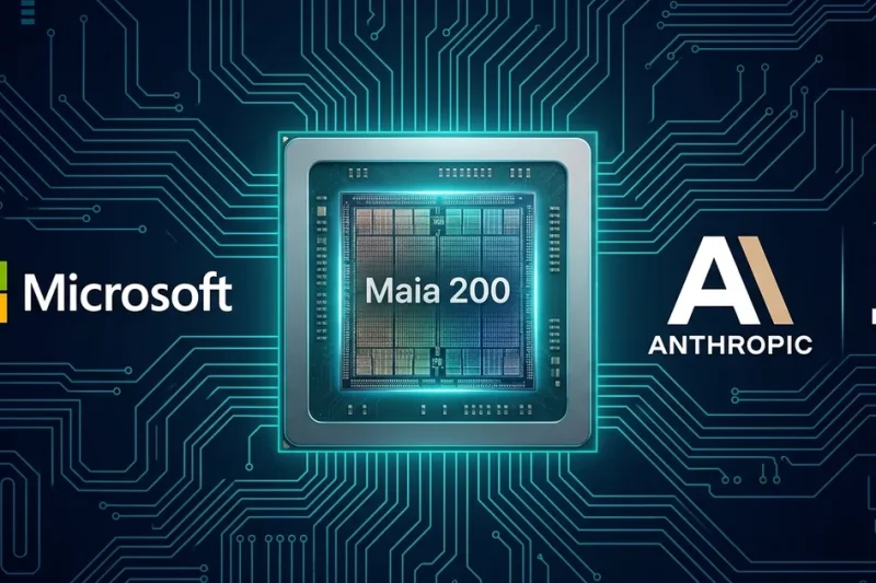 Microsoft, Anthropic, and Nvidia logos around a glowing Maia 200 AI accelerator chip on a circuit-board background