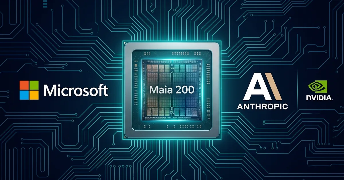 Microsoft, Anthropic, and Nvidia logos around a glowing Maia 200 AI accelerator chip on a circuit-board background