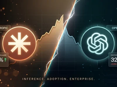 Versus composite contrasting Anthropic's rising enterprise share against OpenAI's declining share with logos, dueling line charts and floating data panels