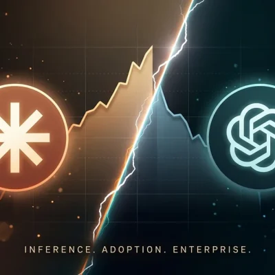 Versus composite contrasting Anthropic's rising enterprise share against OpenAI's declining share with logos, dueling line charts and floating data panels