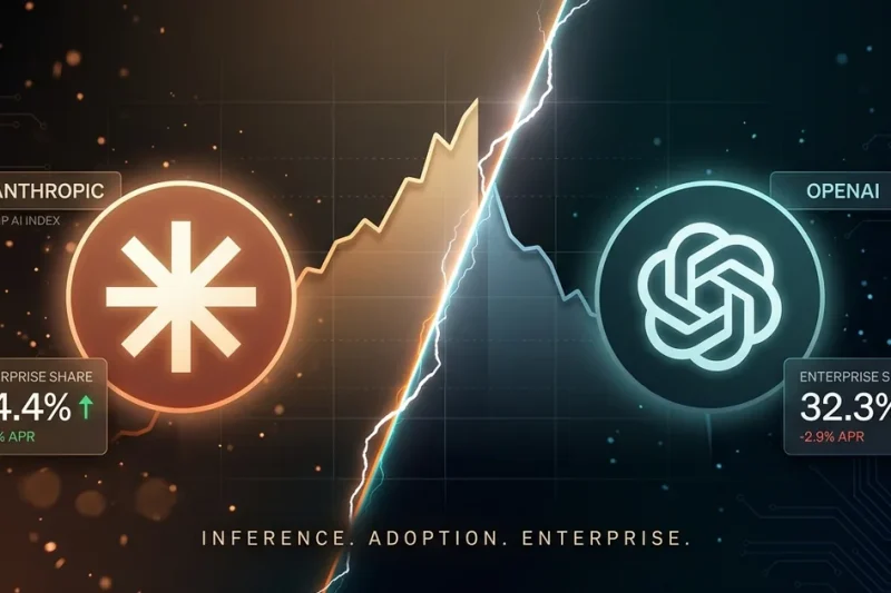 Versus composite contrasting Anthropic's rising enterprise share against OpenAI's declining share with logos, dueling line charts and floating data panels