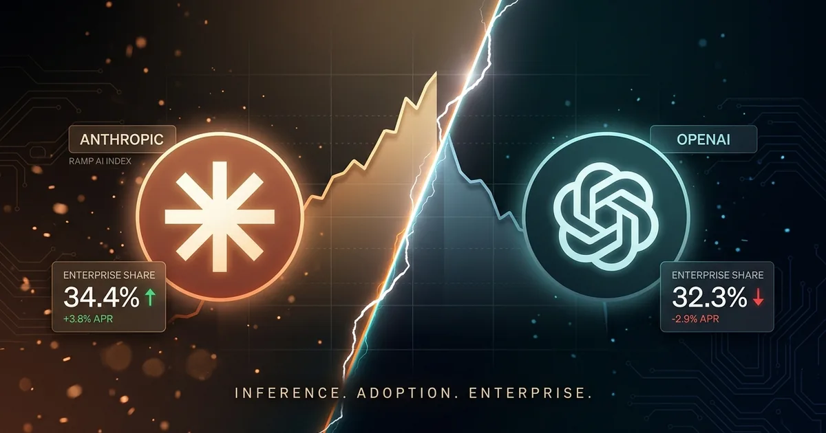 Versus composite contrasting Anthropic's rising enterprise share against OpenAI's declining share with logos, dueling line charts and floating data panels