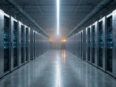 Wide cinematic view down a hyperscale AI data center hall with rows of liquid-cooled GPU server racks, cool blue diagnostic LEDs, and warm amber lighting at the far end