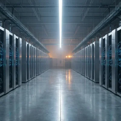 Wide cinematic view down a hyperscale AI data center hall with rows of liquid-cooled GPU server racks, cool blue diagnostic LEDs, and warm amber lighting at the far end