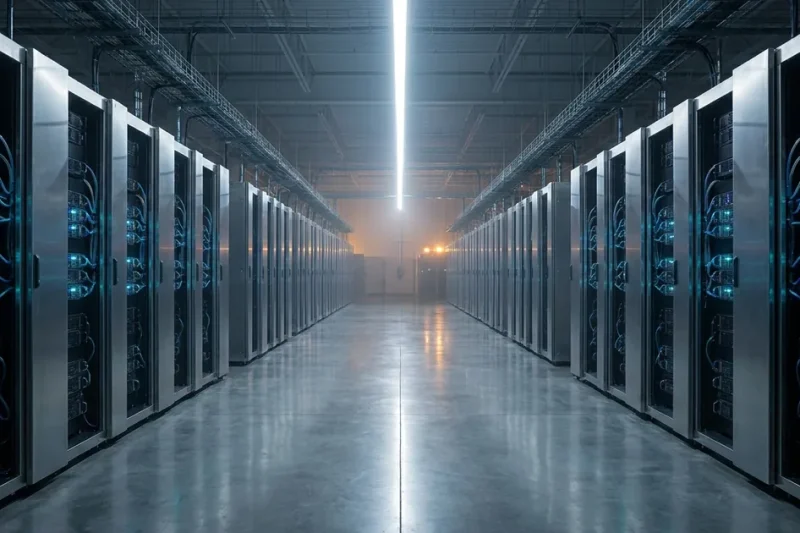 Wide cinematic view down a hyperscale AI data center hall with rows of liquid-cooled GPU server racks, cool blue diagnostic LEDs, and warm amber lighting at the far end