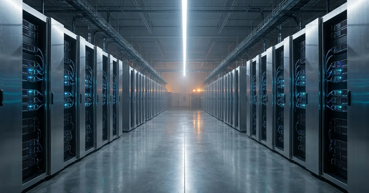 Wide cinematic view down a hyperscale AI data center hall with rows of liquid-cooled GPU server racks, cool blue diagnostic LEDs, and warm amber lighting at the far end
