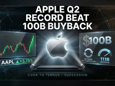 Glowing chrome Apple logo centered between AAPL ticker chart, 100B buyback motif and 111B revenue gauge on a dark dashboard composite with twin keynote spotlights