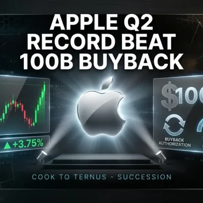 Glowing chrome Apple logo centered between AAPL ticker chart, 100B buyback motif and 111B revenue gauge on a dark dashboard composite with twin keynote spotlights