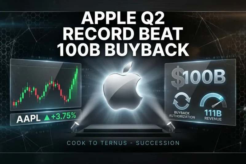 Glowing chrome Apple logo centered between AAPL ticker chart, 100B buyback motif and 111B revenue gauge on a dark dashboard composite with twin keynote spotlights