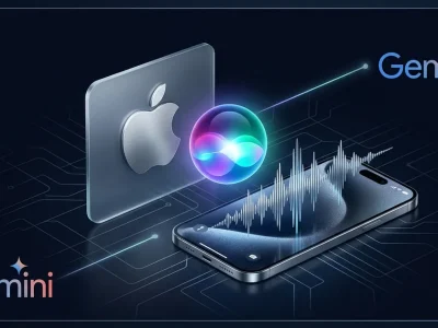 Apple logo and a glowing Siri orb above a smartphone showing a voice waveform, connected by a line to the Google Gemini logo