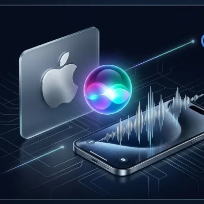 Apple logo and a glowing Siri orb above a smartphone showing a voice waveform, connected by a line to the Google Gemini logo