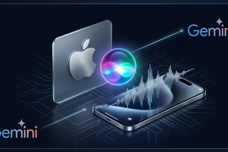 Apple logo and a glowing Siri orb above a smartphone showing a voice waveform, connected by a line to the Google Gemini logo