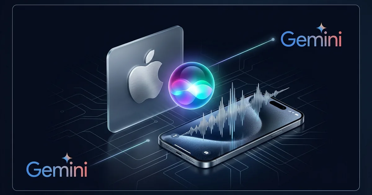 Apple logo and a glowing Siri orb above a smartphone showing a voice waveform, connected by a line to the Google Gemini logo