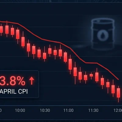 Financial markets dashboard showing the April CPI inflation print at 3.8% with a red sell-off chart and Nvidia, AMD, Qualcomm, and Micron logos indicating chip-stock declines, with a Federal Reserve seal and a faint oil-barrel silhouette in the background