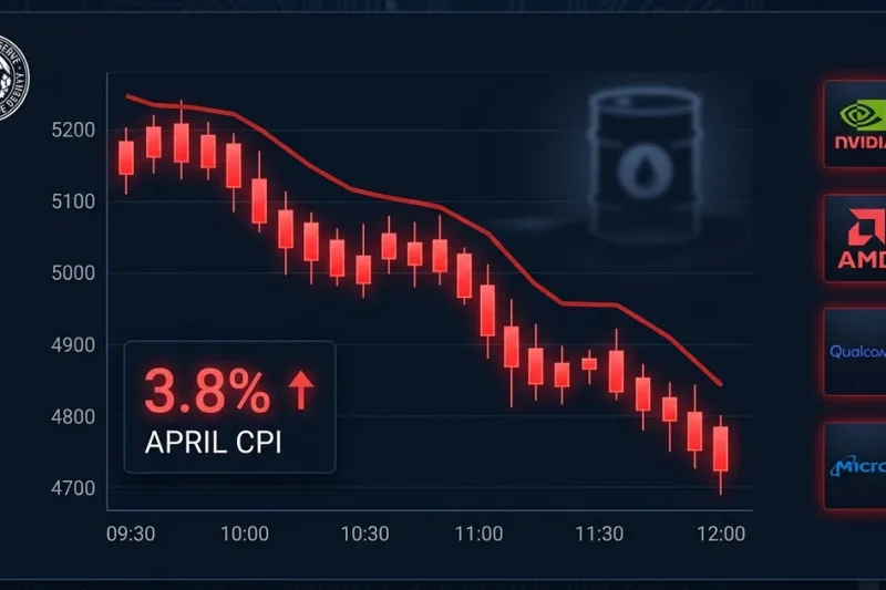 Financial markets dashboard showing the April CPI inflation print at 3.8% with a red sell-off chart and Nvidia, AMD, Qualcomm, and Micron logos indicating chip-stock declines, with a Federal Reserve seal and a faint oil-barrel silhouette in the background