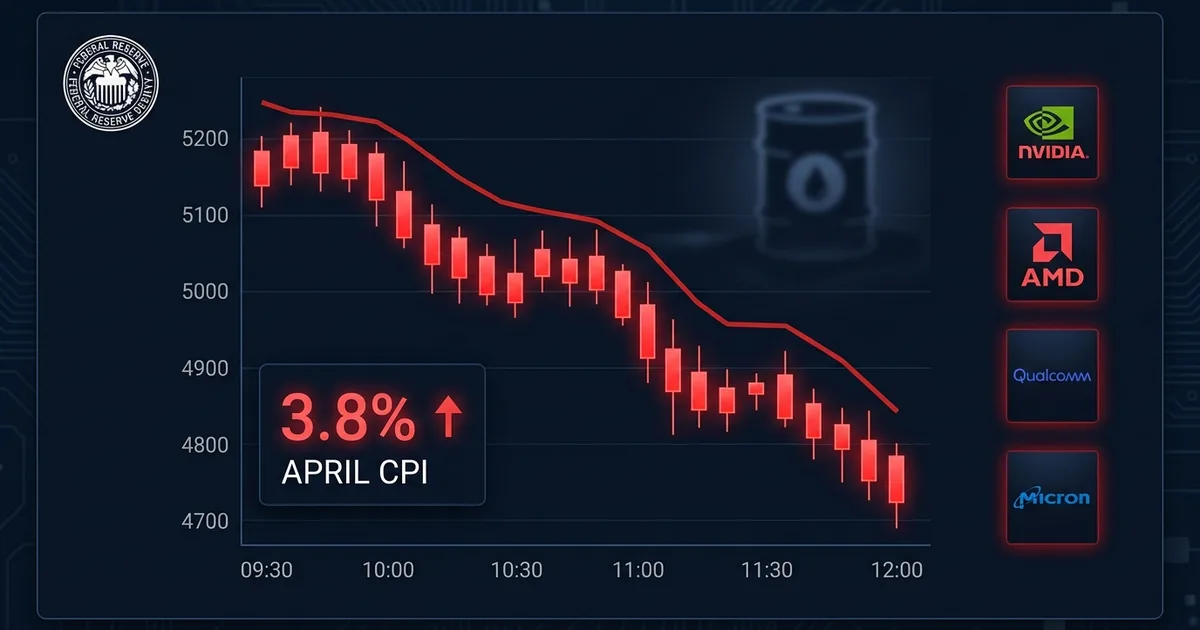 Financial markets dashboard showing the April CPI inflation print at 3.8% with a red sell-off chart and Nvidia, AMD, Qualcomm, and Micron logos indicating chip-stock declines, with a Federal Reserve seal and a faint oil-barrel silhouette in the background