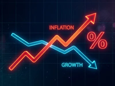 A dashboard chart with a red inflation line surging upward and a cyan growth line declining, the two lines diverging to signal stagflation, beside a glowing percent symbol
