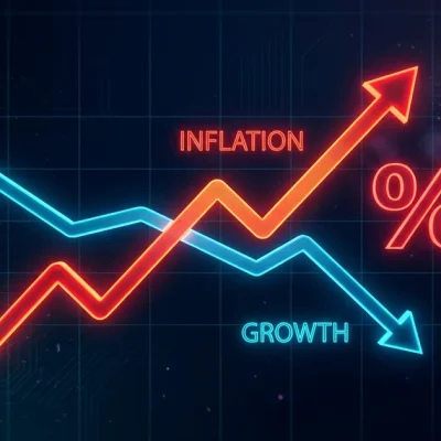 A dashboard chart with a red inflation line surging upward and a cyan growth line declining, the two lines diverging to signal stagflation, beside a glowing percent symbol