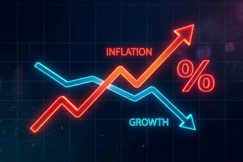 A dashboard chart with a red inflation line surging upward and a cyan growth line declining, the two lines diverging to signal stagflation, beside a glowing percent symbol