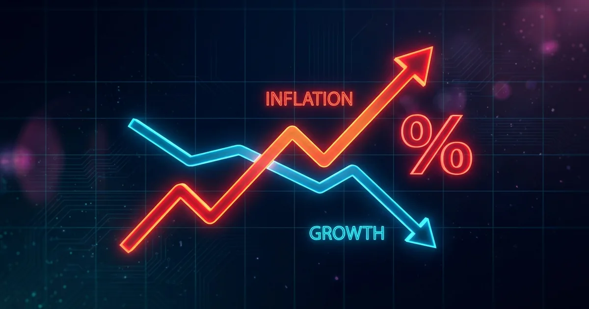 A dashboard chart with a red inflation line surging upward and a cyan growth line declining, the two lines diverging to signal stagflation, beside a glowing percent symbol