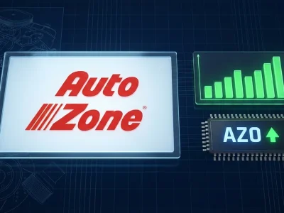 AutoZone logo on a dark dashboard beside a green upward earnings bar chart and an AZO stock ticker with an up arrow, with faint car-engine and brake-rotor blueprints