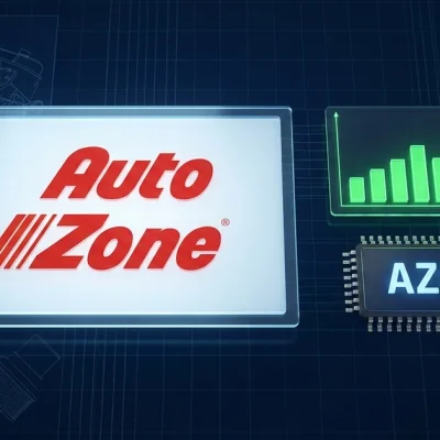 AutoZone logo on a dark dashboard beside a green upward earnings bar chart and an AZO stock ticker with an up arrow, with faint car-engine and brake-rotor blueprints