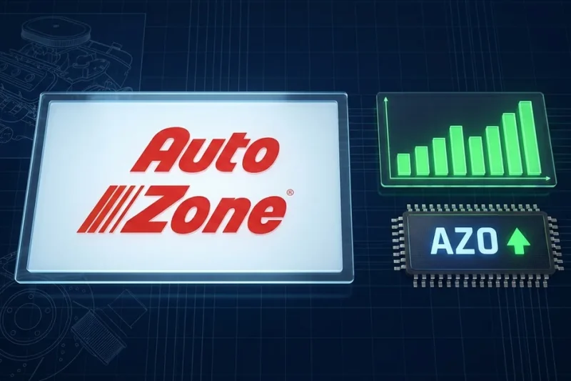 AutoZone logo on a dark dashboard beside a green upward earnings bar chart and an AZO stock ticker with an up arrow, with faint car-engine and brake-rotor blueprints