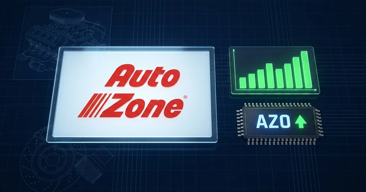 AutoZone logo on a dark dashboard beside a green upward earnings bar chart and an AZO stock ticker with an up arrow, with faint car-engine and brake-rotor blueprints