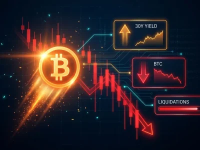 Glowing orange Bitcoin symbol with a downward comet trail over red crashing candlesticks and a falling trendline, beside BTC, 30Y YIELD and LIQUIDATIONS dashboard panels on a dark navy background