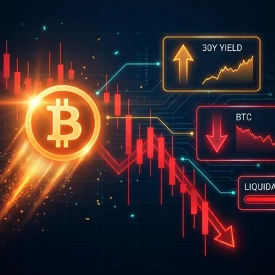 Glowing orange Bitcoin symbol with a downward comet trail over red crashing candlesticks and a falling trendline, beside BTC, 30Y YIELD and LIQUIDATIONS dashboard panels on a dark navy background