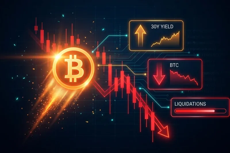 Glowing orange Bitcoin symbol with a downward comet trail over red crashing candlesticks and a falling trendline, beside BTC, 30Y YIELD and LIQUIDATIONS dashboard panels on a dark navy background