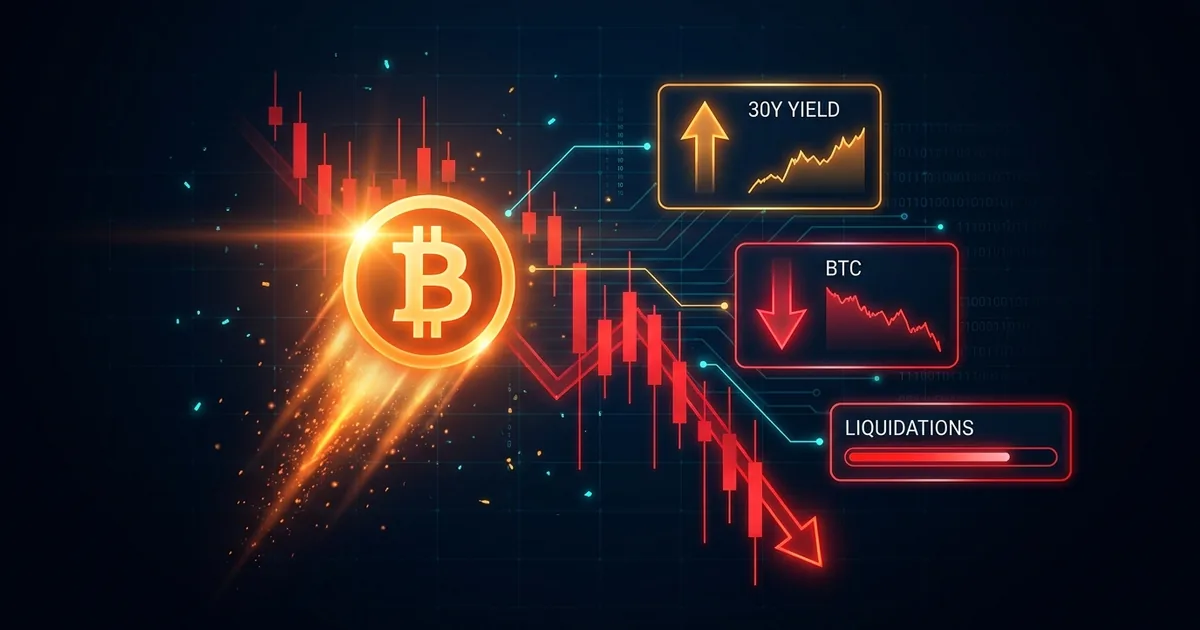 Glowing orange Bitcoin symbol with a downward comet trail over red crashing candlesticks and a falling trendline, beside BTC, 30Y YIELD and LIQUIDATIONS dashboard panels on a dark navy background