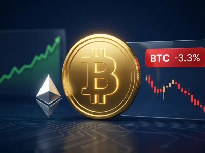 Gold Bitcoin coin and silver Ethereum logo on a navy dashboard with a red BTC -3.3% chip and a downward candle chart, green stocks line rising behind