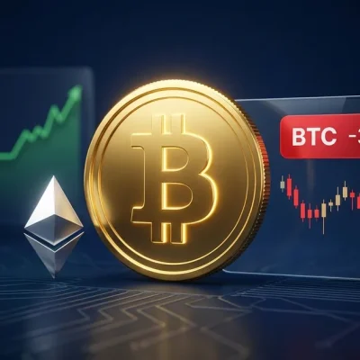Gold Bitcoin coin and silver Ethereum logo on a navy dashboard with a red BTC -3.3% chip and a downward candle chart, green stocks line rising behind