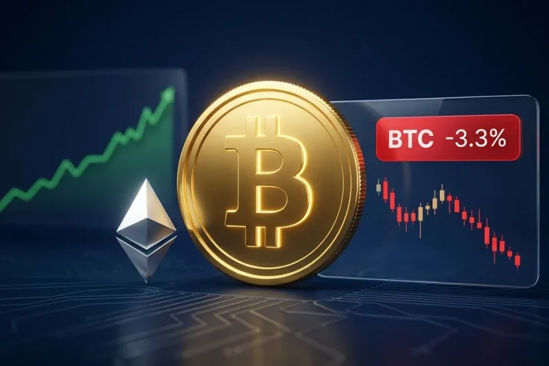Gold Bitcoin coin and silver Ethereum logo on a navy dashboard with a red BTC -3.3% chip and a downward candle chart, green stocks line rising behind