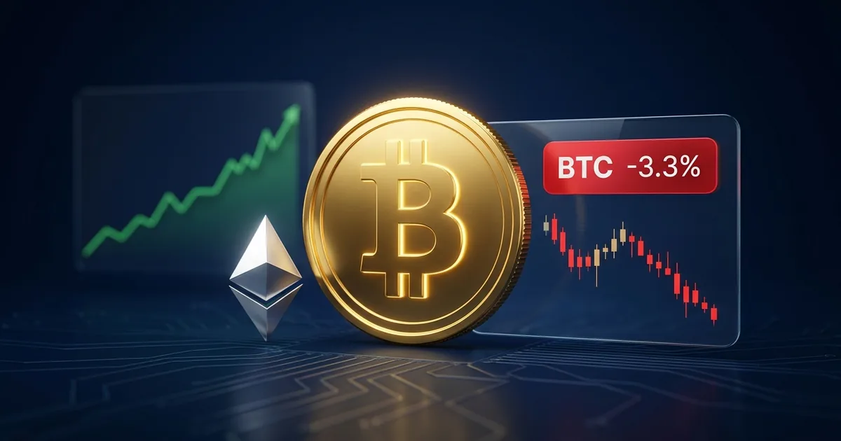 Gold Bitcoin coin and silver Ethereum logo on a navy dashboard with a red BTC -3.3% chip and a downward candle chart, green stocks line rising behind