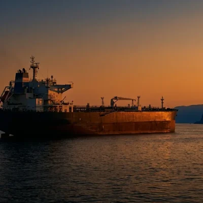 Cinematic photoreal dusk shot of a single massive crude oil tanker stranded on calm dark Persian Gulf water at the Strait of Hormuz, with warm amber sunset rim light catching the hull and distant Iranian coastline in deep blue shadow, and a small Exxon and Chevron logo lockup in the lower-left corner