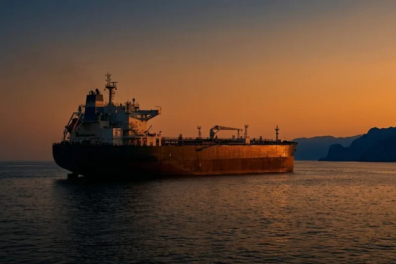 Cinematic photoreal dusk shot of a single massive crude oil tanker stranded on calm dark Persian Gulf water at the Strait of Hormuz, with warm amber sunset rim light catching the hull and distant Iranian coastline in deep blue shadow, and a small Exxon and Chevron logo lockup in the lower-left corner