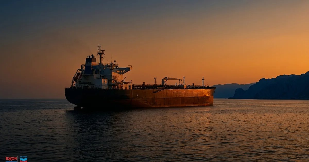 Cinematic photoreal dusk shot of a single massive crude oil tanker stranded on calm dark Persian Gulf water at the Strait of Hormuz, with warm amber sunset rim light catching the hull and distant Iranian coastline in deep blue shadow, and a small Exxon and Chevron logo lockup in the lower-left corner
