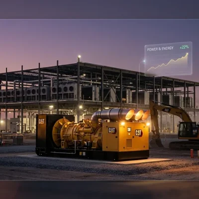 Caterpillar yellow industrial gas turbine power generation unit and excavator at a hyperscale data center construction site at dusk, with a small dashboard panel showing power and energy segment growth