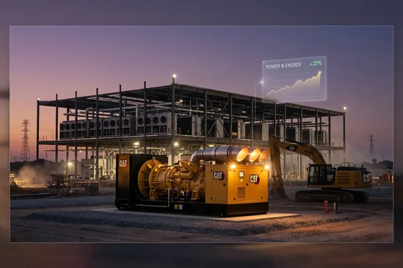 Caterpillar yellow industrial gas turbine power generation unit and excavator at a hyperscale data center construction site at dusk, with a small dashboard panel showing power and energy segment growth