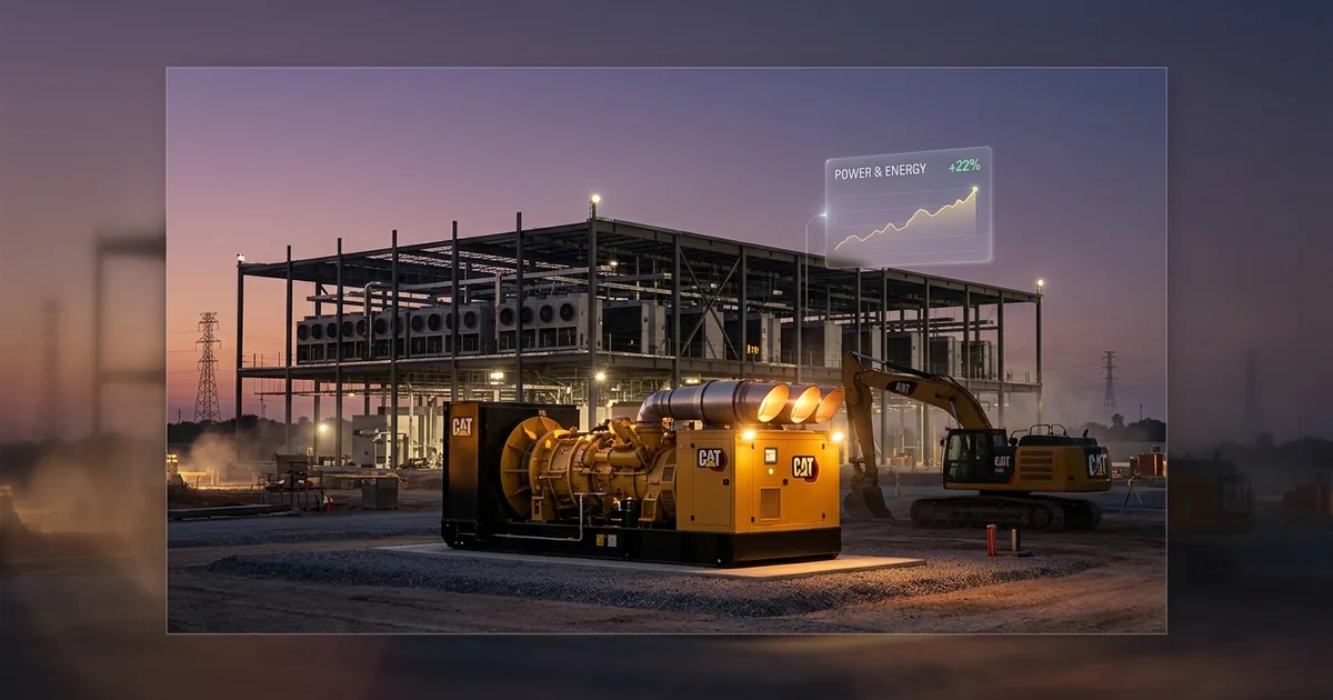 Caterpillar yellow industrial gas turbine power generation unit and excavator at a hyperscale data center construction site at dusk, with a small dashboard panel showing power and energy segment growth