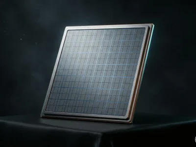 Dramatic studio close-up of a Cerebras Wafer Scale Engine chip resting at a slight tilt on a matte black surface. The dinner-plate-sized square of silicon shows an intricate grid of nearly one million tiled processor cores in slate and platinum tones, lit by a single grazing key light with cool cyan rim light separating the chip from the dark studio backdrop. A small Cerebras brain-coil wordmark sits in the lower-right corner