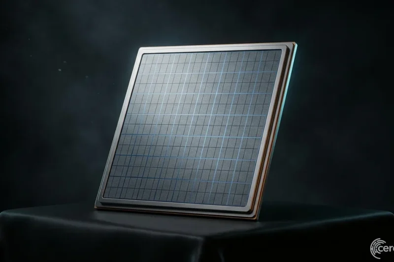 Dramatic studio close-up of a Cerebras Wafer Scale Engine chip resting at a slight tilt on a matte black surface. The dinner-plate-sized square of silicon shows an intricate grid of nearly one million tiled processor cores in slate and platinum tones, lit by a single grazing key light with cool cyan rim light separating the chip from the dark studio backdrop. A small Cerebras brain-coil wordmark sits in the lower-right corner