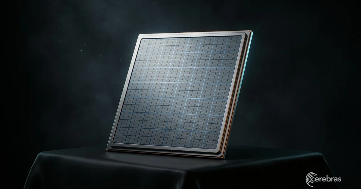 Dramatic studio close-up of a Cerebras Wafer Scale Engine chip resting at a slight tilt on a matte black surface. The dinner-plate-sized square of silicon shows an intricate grid of nearly one million tiled processor cores in slate and platinum tones, lit by a single grazing key light with cool cyan rim light separating the chip from the dark studio backdrop. A small Cerebras brain-coil wordmark sits in the lower-right corner