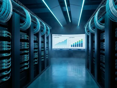 Hyperscale data center aisle lined with networking switches and cyan optical fiber overhead, video wall in background showing AI infrastructure order growth dashboard