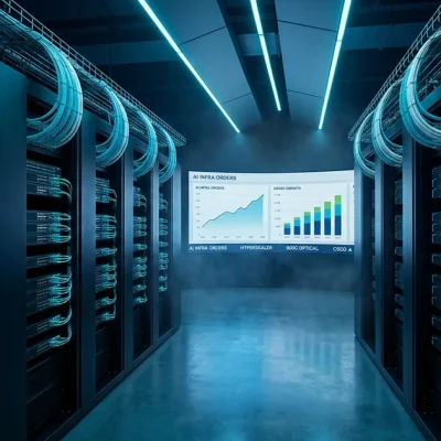 Hyperscale data center aisle lined with networking switches and cyan optical fiber overhead, video wall in background showing AI infrastructure order growth dashboard