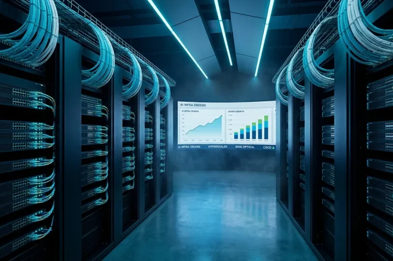 Hyperscale data center aisle lined with networking switches and cyan optical fiber overhead, video wall in background showing AI infrastructure order growth dashboard