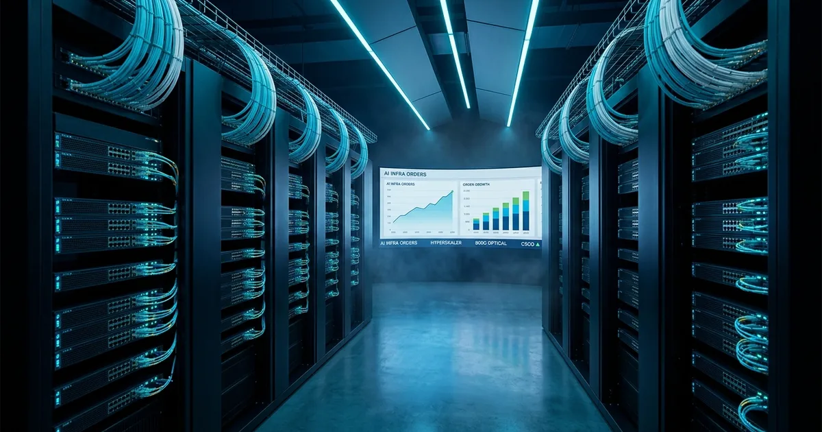 Hyperscale data center aisle lined with networking switches and cyan optical fiber overhead, video wall in background showing AI infrastructure order growth dashboard