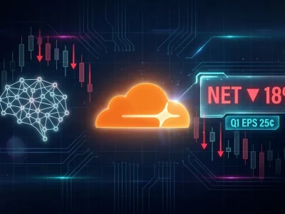 Glowing Cloudflare orange cloud logo centered on a dark dashboard with NET stock down 18 percent panel, AI brain neural-network glyph, candlestick chart with red downward arrows, evoking the agentic AI workforce reset
